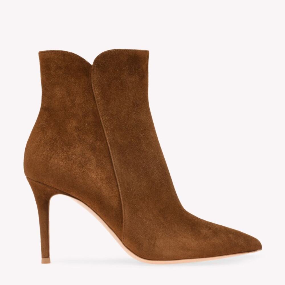 Gianvito Rossi Levy 85 Pointed Toe Ankle Bootie EU38 / US 8 Brown Suede Heel NEW